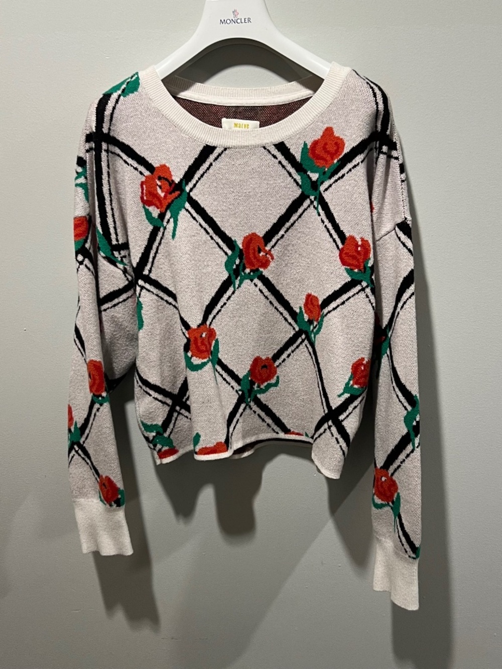 Maeve Anthropologie Rose Floral Plaid Knit Sweater Medium Cottagecore
